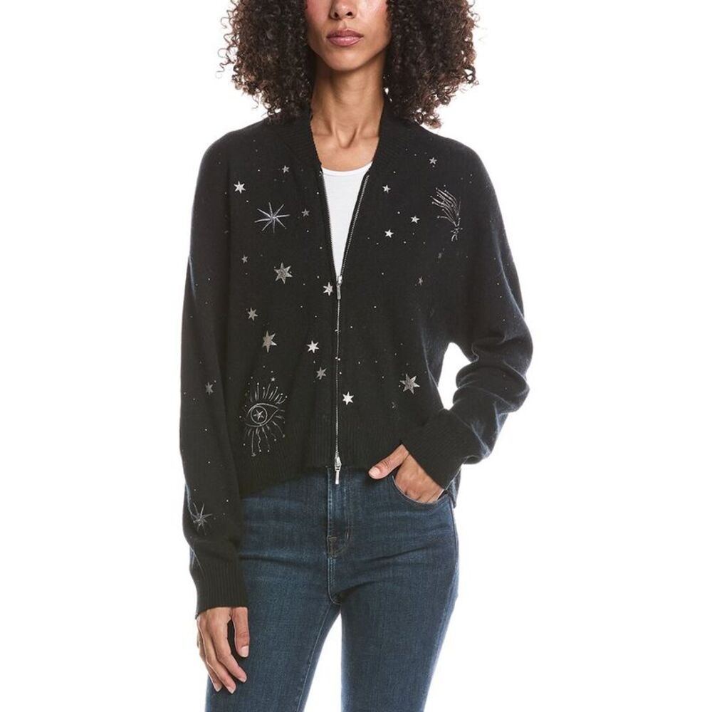 Brodie Cashmere Womens  Celestial Bomber Jacket, Black